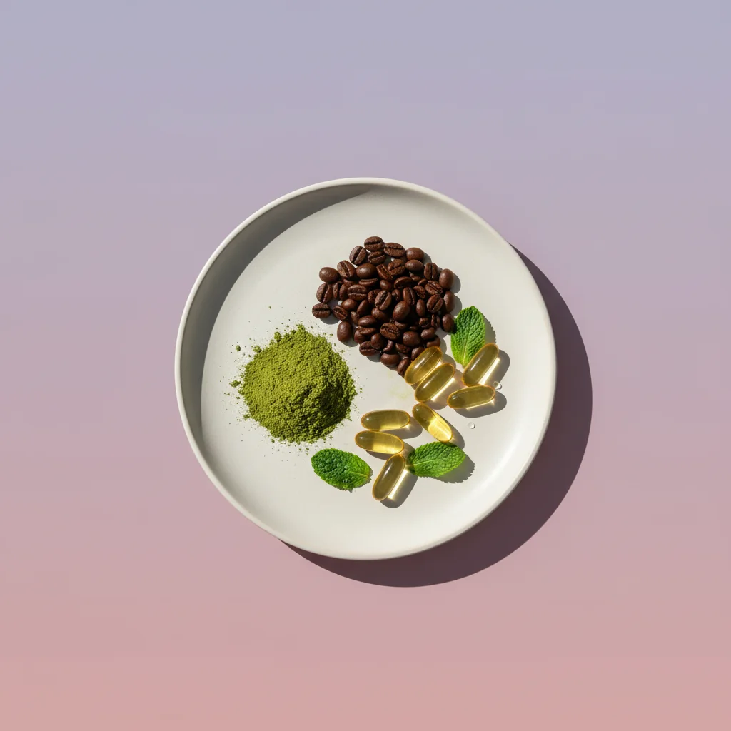 Natürliche Inhaltsstoffe: Matcha, Kaffeebohnen, Vitaminkapseln - B-Vitamine Energie Erschöpfung verringern